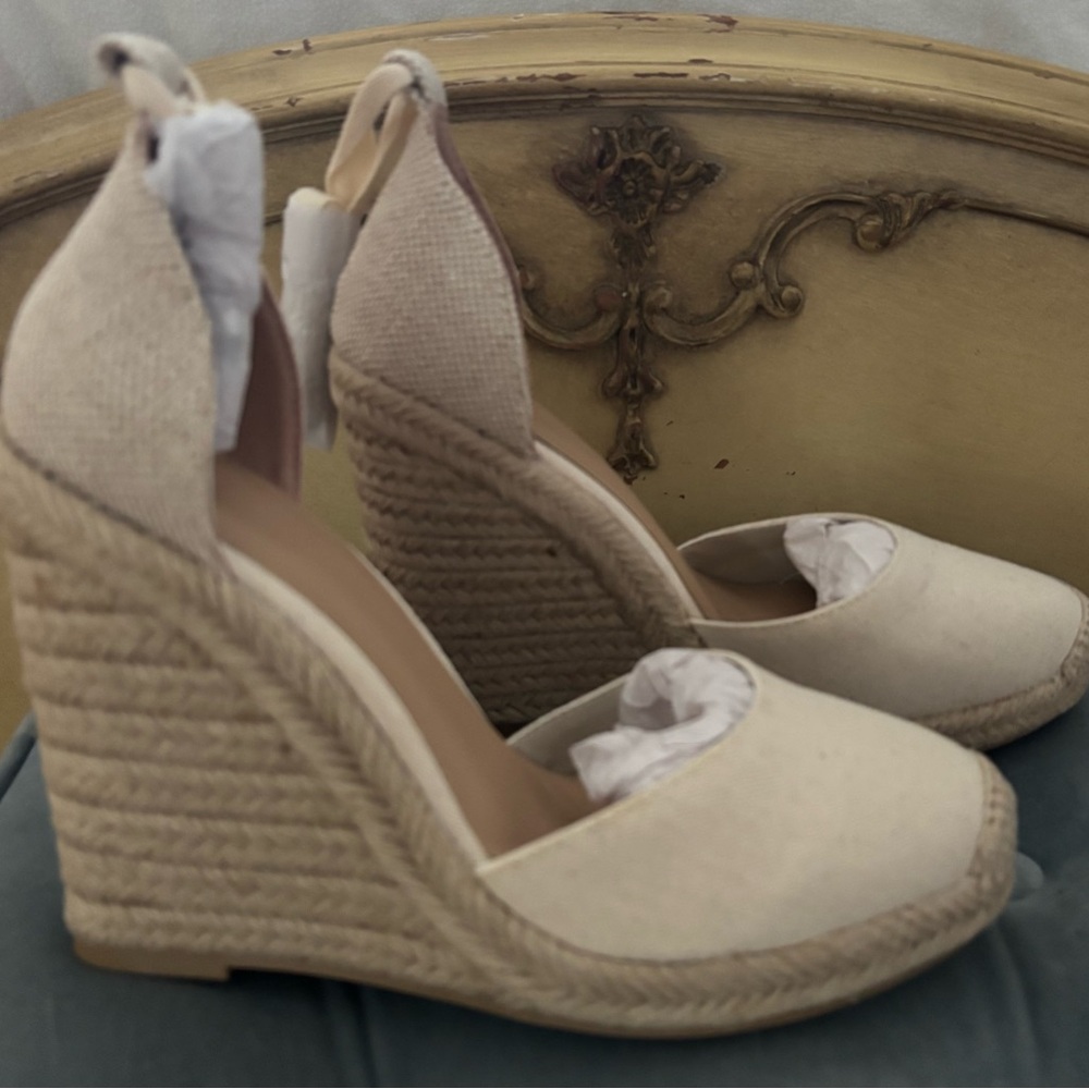 “JENALA” Beige Wedge Espadrilles by JUSTFAB